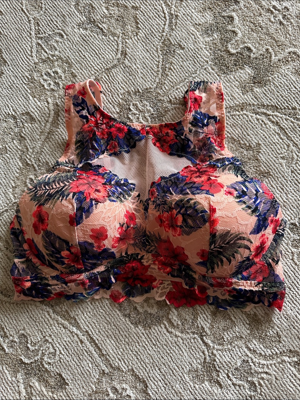 PINK Floral Lace Longline Bralette in Peach and Navy